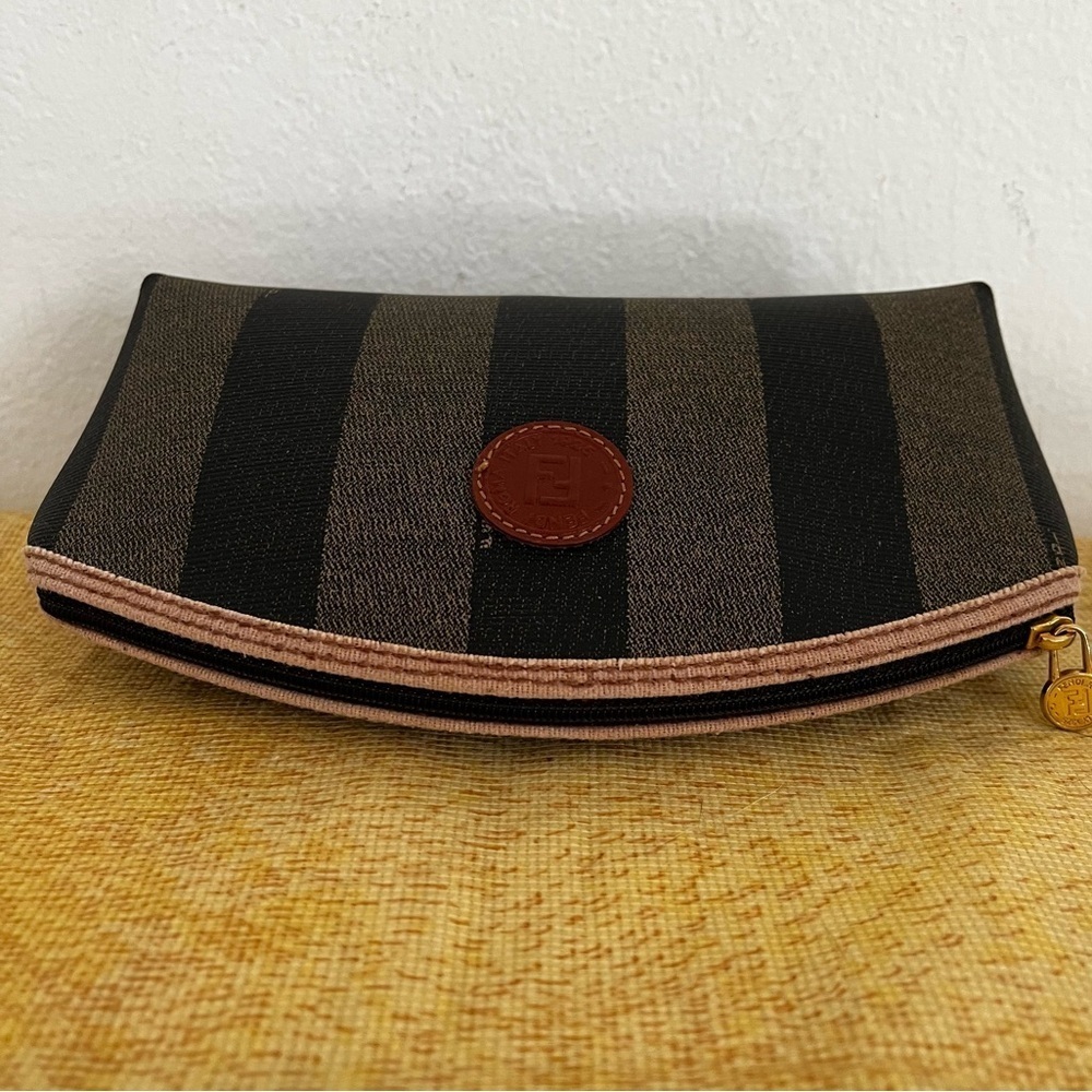 FENDI Pecan Striped Canvas Pouch Black Brown Gold COA 1980s Italy - Picture 4 of 17